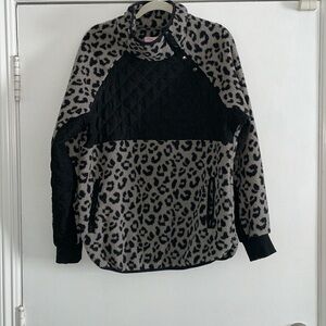 Pink Lily Asymmetrical Snap-Up Leopard Print Fleece Pullover | XL